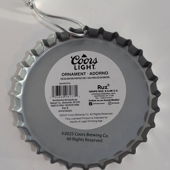 2025 Ruz Coors Light Metal Bottle Cap Christmas Ornament 5.5 Inches Diameter - Picture 2 of 3